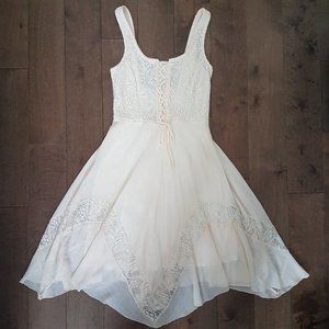 J Gee Ivory Lace-Up Asymmetrical Tiered Lace Sleeveless Woven Midi Dress, Sz PS